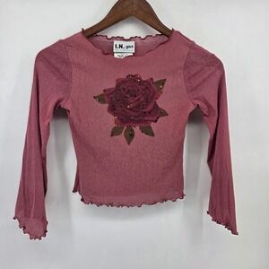 I.N. Girl Vintage Y2K Rose Sequin Mesh Top Kids Medium 8-10 Mauve Lettuce Trim